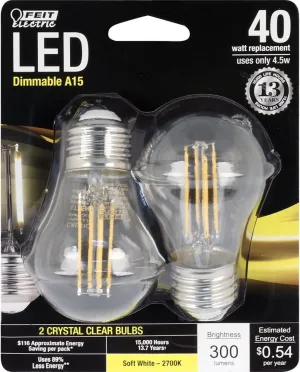 Feit Electric - Decorative Clear Glass Filament LED Dimmable 40W Equivalent Soft White (2700K) Classic A15 Light Bulb, Pack of 2 (BPA1540/827/LED/2)