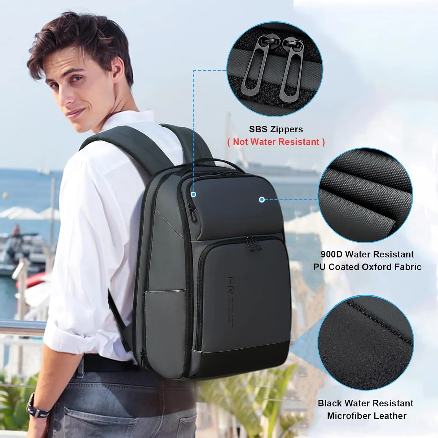 FENRUIEN 17 Inch Travel Backpack Gray, Expandable Water Resistant Computer Backpack with USB Port, Black Laptop Bag for Business/College/Work