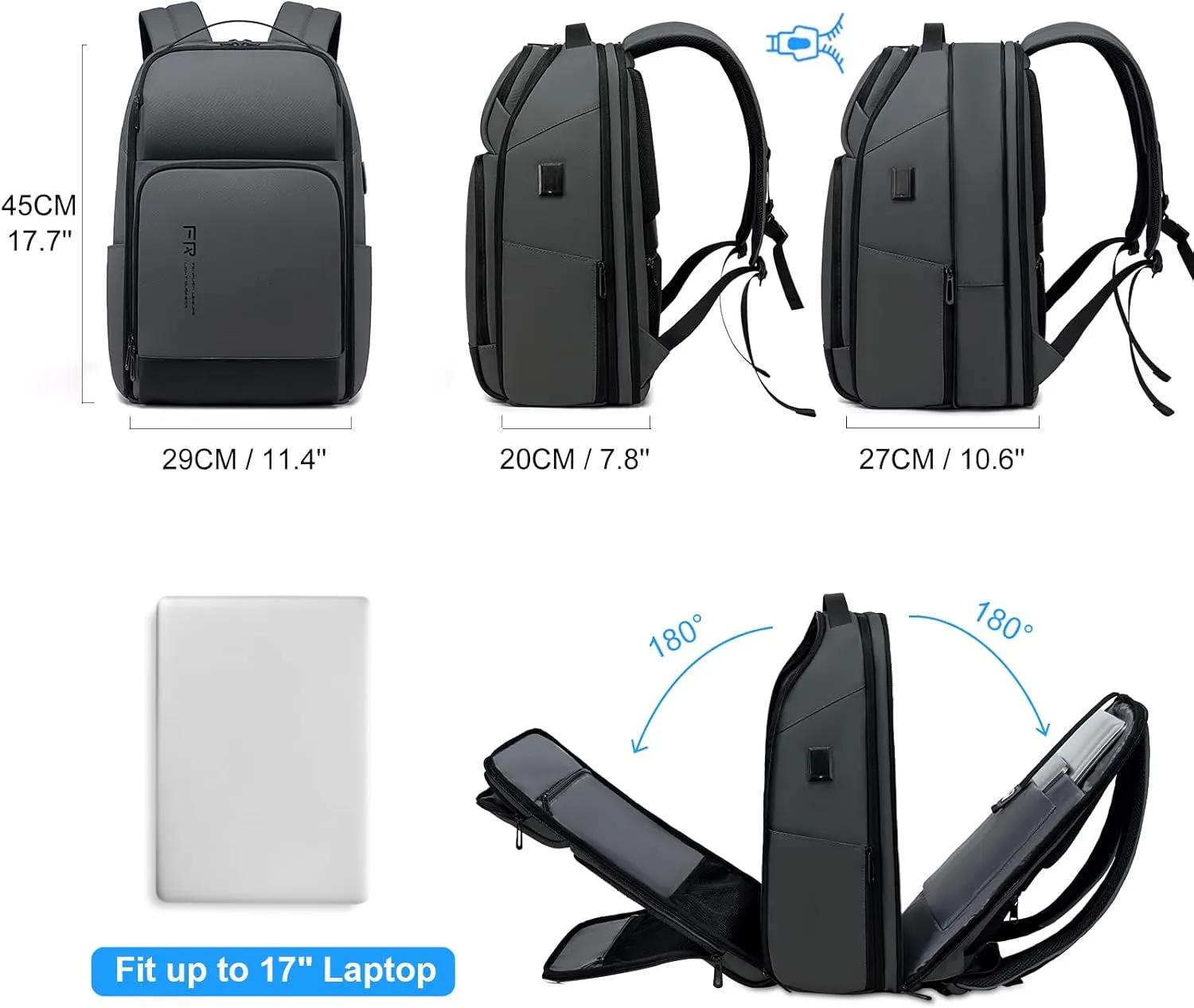 FENRUIEN 17 Inch Travel Backpack Gray, Expandable Water Resistant Computer Backpack with USB Port, Black Laptop Bag for Business/College/Work