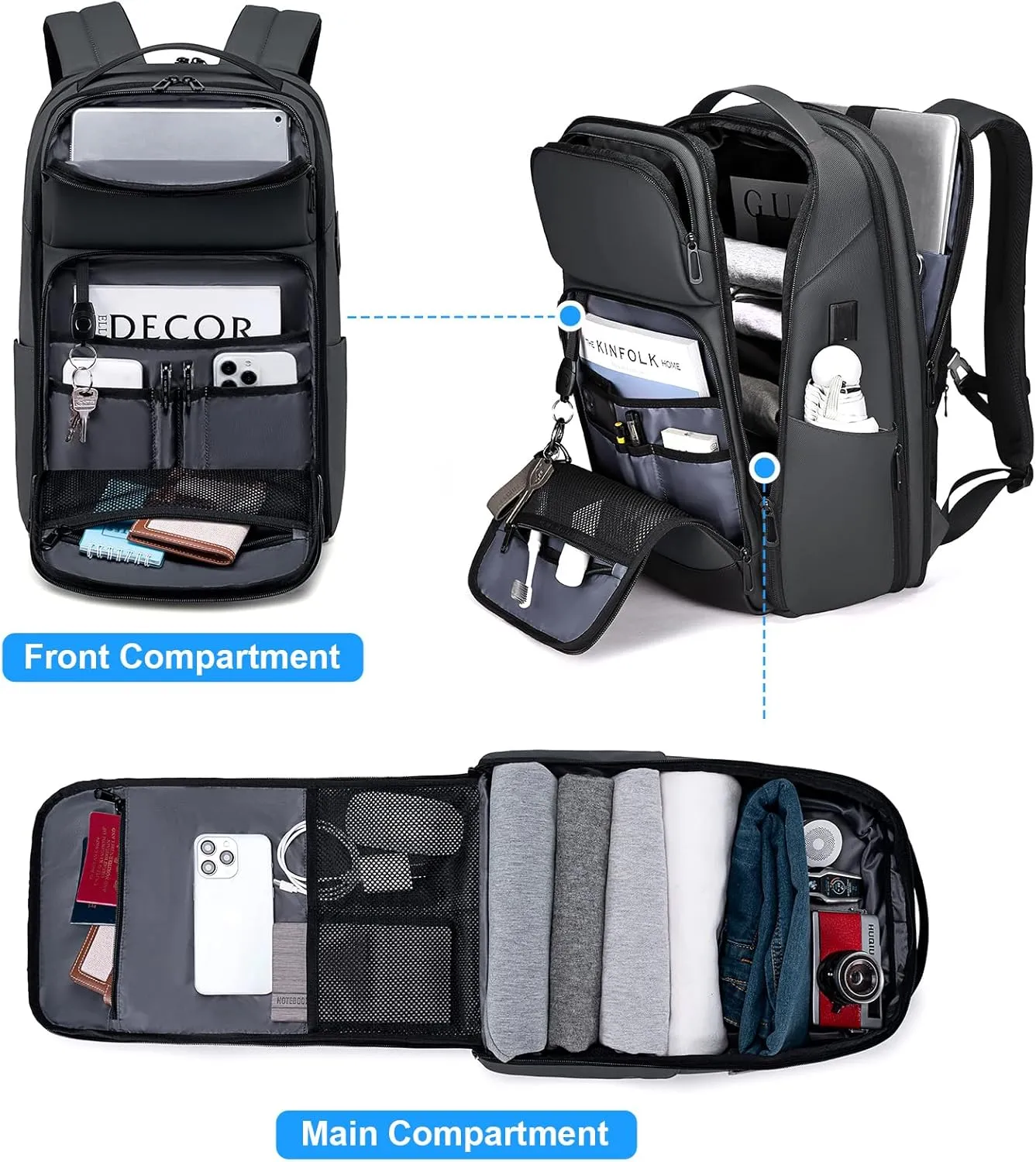 FENRUIEN 17 Inch Travel Backpack Gray, Expandable Water Resistant Computer Backpack with USB Port, Black Laptop Bag for Business/College/Work
