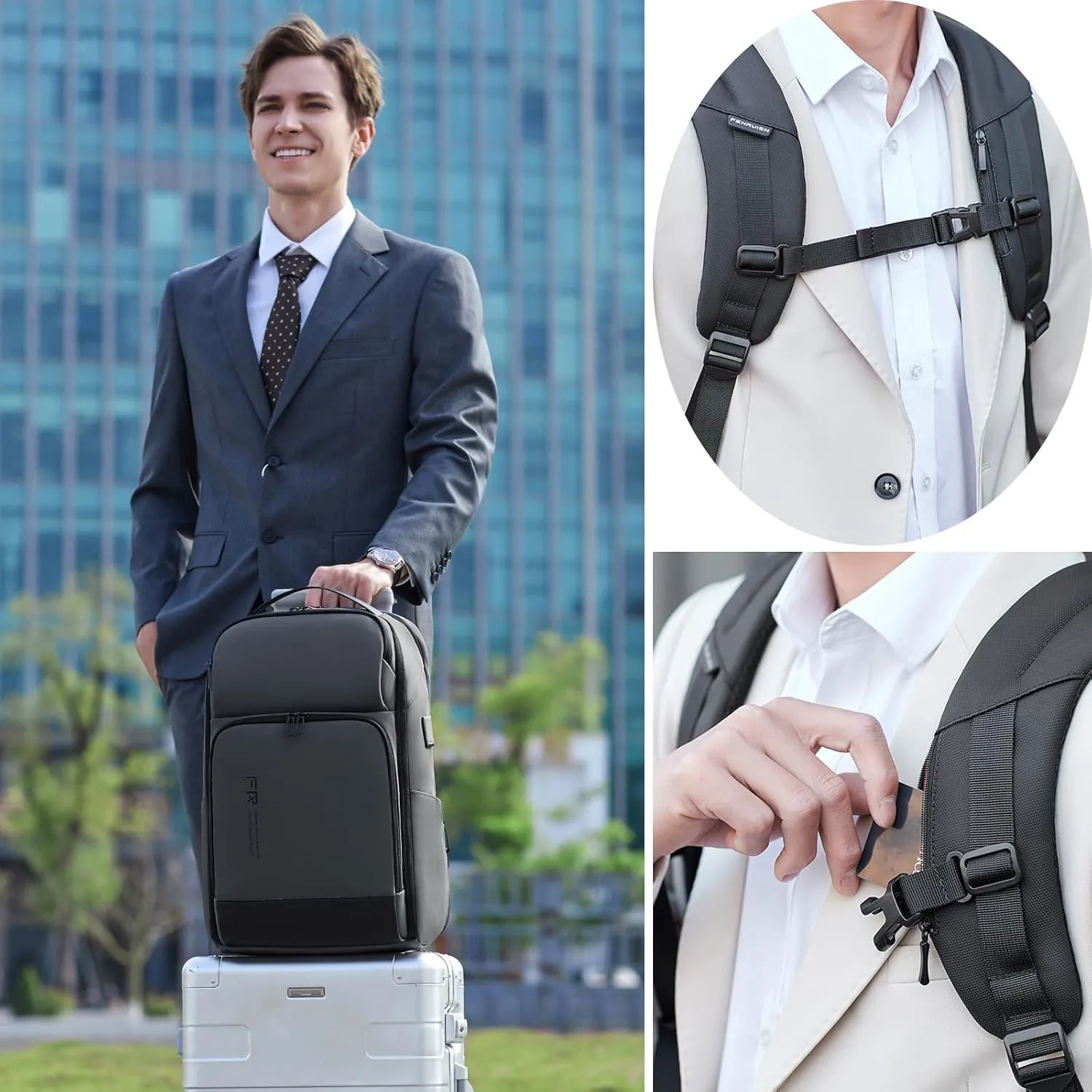 FENRUIEN 17 Inch Travel Backpack Gray, Expandable Water Resistant Computer Backpack with USB Port, Black Laptop Bag for Business/College/Work