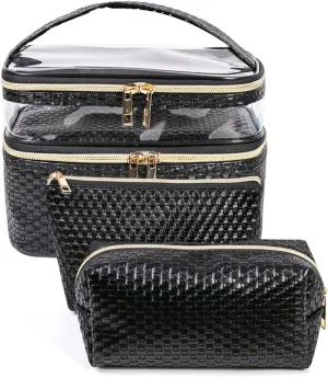 FITINI 3 Pieces Makeup Bags Double Layer Travel Large Cosmetic Cases Organizer Toiletry Bags Waterproof Small Zipper Pouch for Women Makeup Brush Storage Bag,Black Woven Pattern
