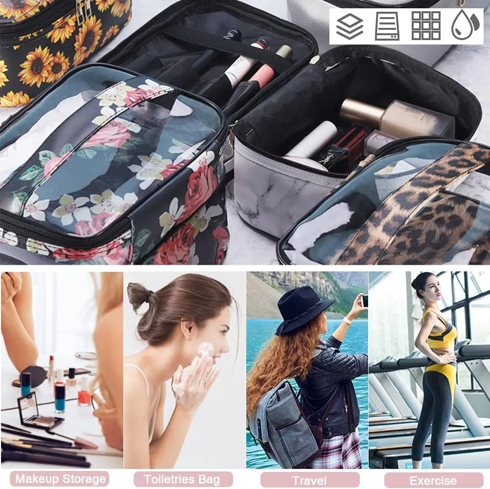 FITINI 3 Pieces Makeup Bags Double Layer Travel Large Cosmetic Cases Organizer Toiletry Bags Waterproof Small Zipper Pouch for Women Makeup Brush Storage Bag,Black Woven Pattern