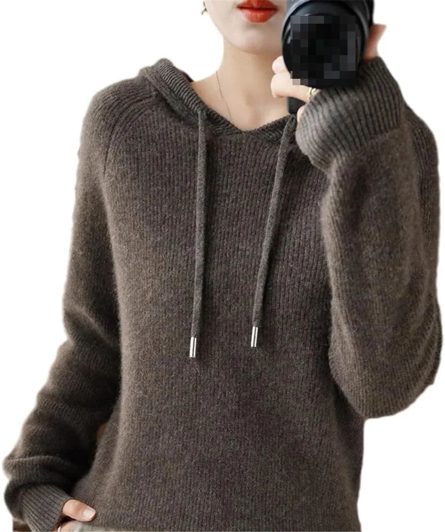 Fjnbbiot Cashmere Hoodie Women's Loose Hooded Knitted Jacket Ingot Needle Thick Sweater Outer Wear