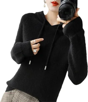 Fjnbbiot Cashmere Hoodie Women's Loose Hooded Knitted Jacket Ingot Needle Thick Sweater Outer Wear