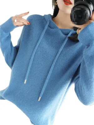 Fjnbbiot Cashmere Hoodie Women's Loose Hooded Knitted Jacket Ingot Needle Thick Sweater Outer Wear
