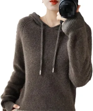 Fjnbbiot Cashmere Hoodie Women's Loose Hooded Knitted Jacket Ingot Needle Thick Sweater Outer Wear