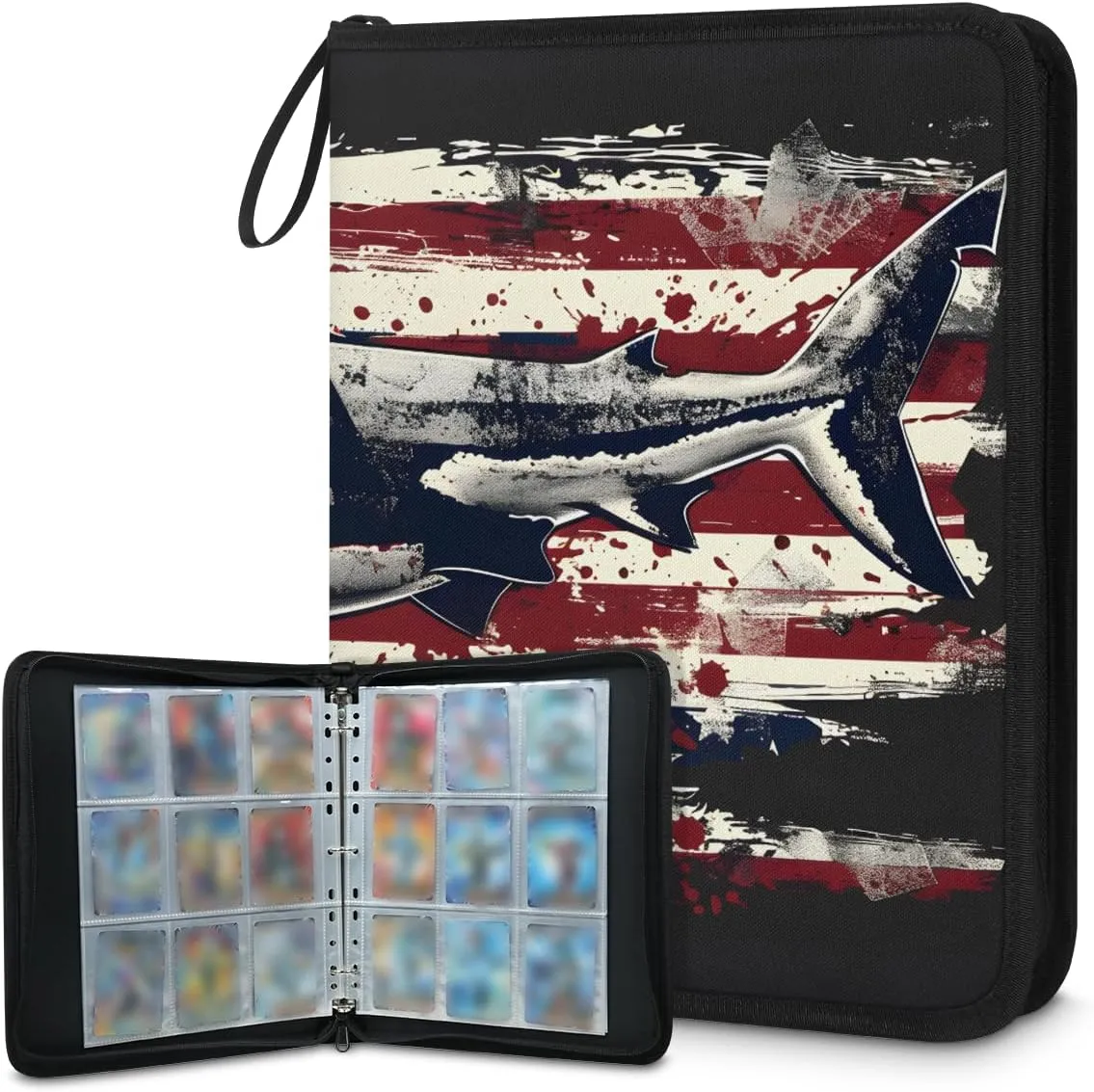 Flag Sharks 3 Ring Trading Zipper Binder Strap, Trading Card Binder 9 Pocket, 900 Pockets Card Holder with 50 Removable Sleeves for Game Cards