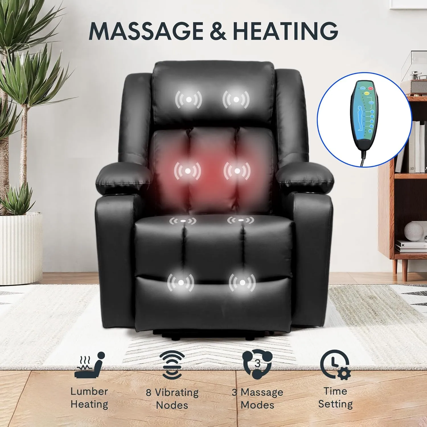 FLEXISPOT XL31 Power Lift Recliner Chair for Elderly, Electric Lift Chair with Massage & Heat, PU Leather Reclining Sofa w/Cup Holders, Side Pockets for Living Room Bedroom(Medium Size,Black)