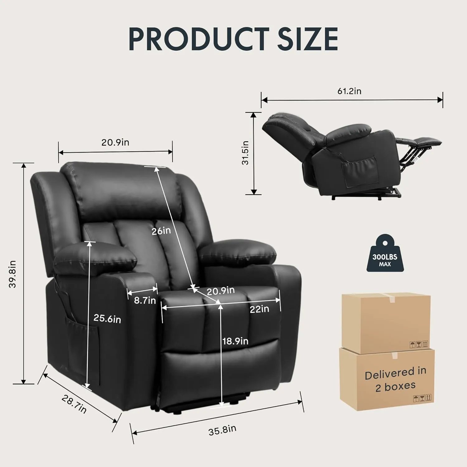 FLEXISPOT XL31 Power Lift Recliner Chair for Elderly, Electric Lift Chair with Massage & Heat, PU Leather Reclining Sofa w/Cup Holders, Side Pockets for Living Room Bedroom(Medium Size,Black)