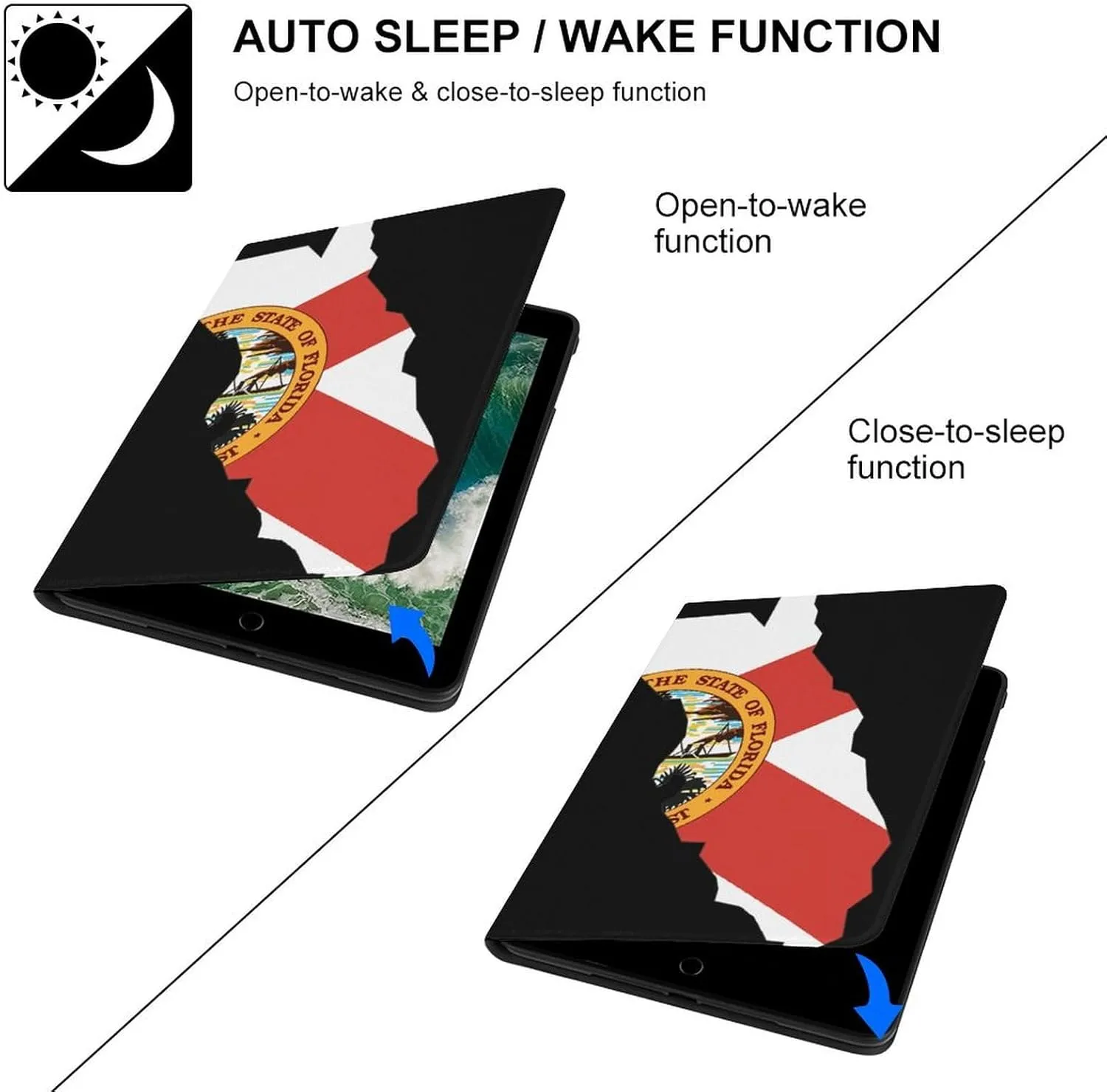 Florida State Flag Map Fashion Case Compatible with ipad 2017/2018/Air1/Air2 (9.7in) Waterproof Protective Cover Adjustable Stand Auto Sleep/Wake