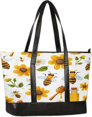 Flower Bee Honey Laptop Tote Bag for Women Lightweight Work Purse with Multiple Compartments Fits 13-15.6 Inch Laptop Tablet Shoulder Bag for Office Travel Daily Use