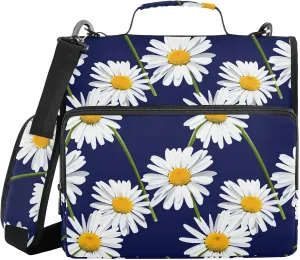 Flower Dark Blue 3 Ring Zipper Binder with Shoulder Strap File Folder Organizer for Work Business School Document Storage