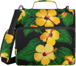 Flower Foliage Dark Yellow 3 Ring Zipper Binder with Shoulder Strap Portfolio Organizer for School Office Document Storage