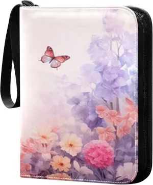 Flowers and Butterflies Card Binder 4 Pocket Collectible Trading Card Albums with 50 Sleeves Double Side PU Waterproof 3 Ring for Sports & Game Cards