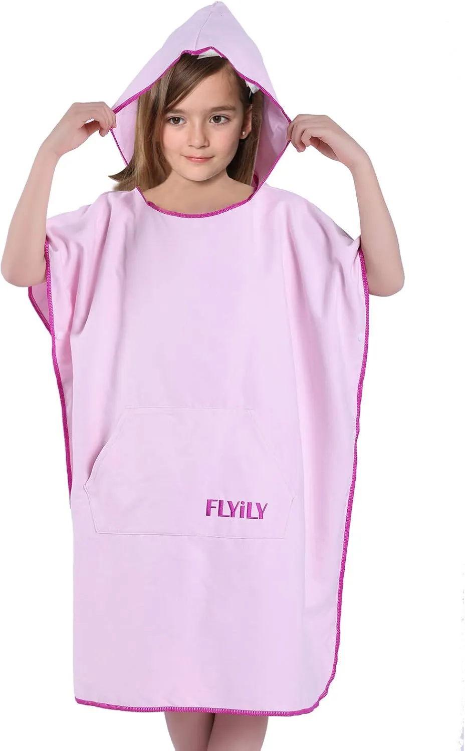 FLYILY Beach Changing Towel Quick-Dry Surf Poncho Robe with Pocket Hooded Wetsuit Adjustable Sleeves Surfing Swimming Bathing(LightPink,S)