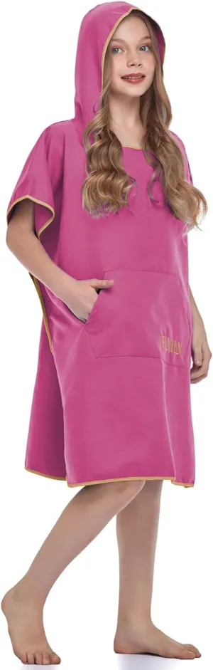 FLYILY Beach Changing Towel Quick-Dry Surf Poncho Robe with Pocket Hooded Wetsuit Adjustable Sleeves Surfing Swimming Bathing(Rosered,S)