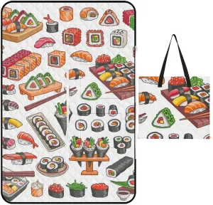 Food Picnic Blankets Set of 2 Large Sushi Patterns Camping Blanket Beach Mat Sand Free Foldable with Carry Strap,Camping Rugs for Outside Your Yv