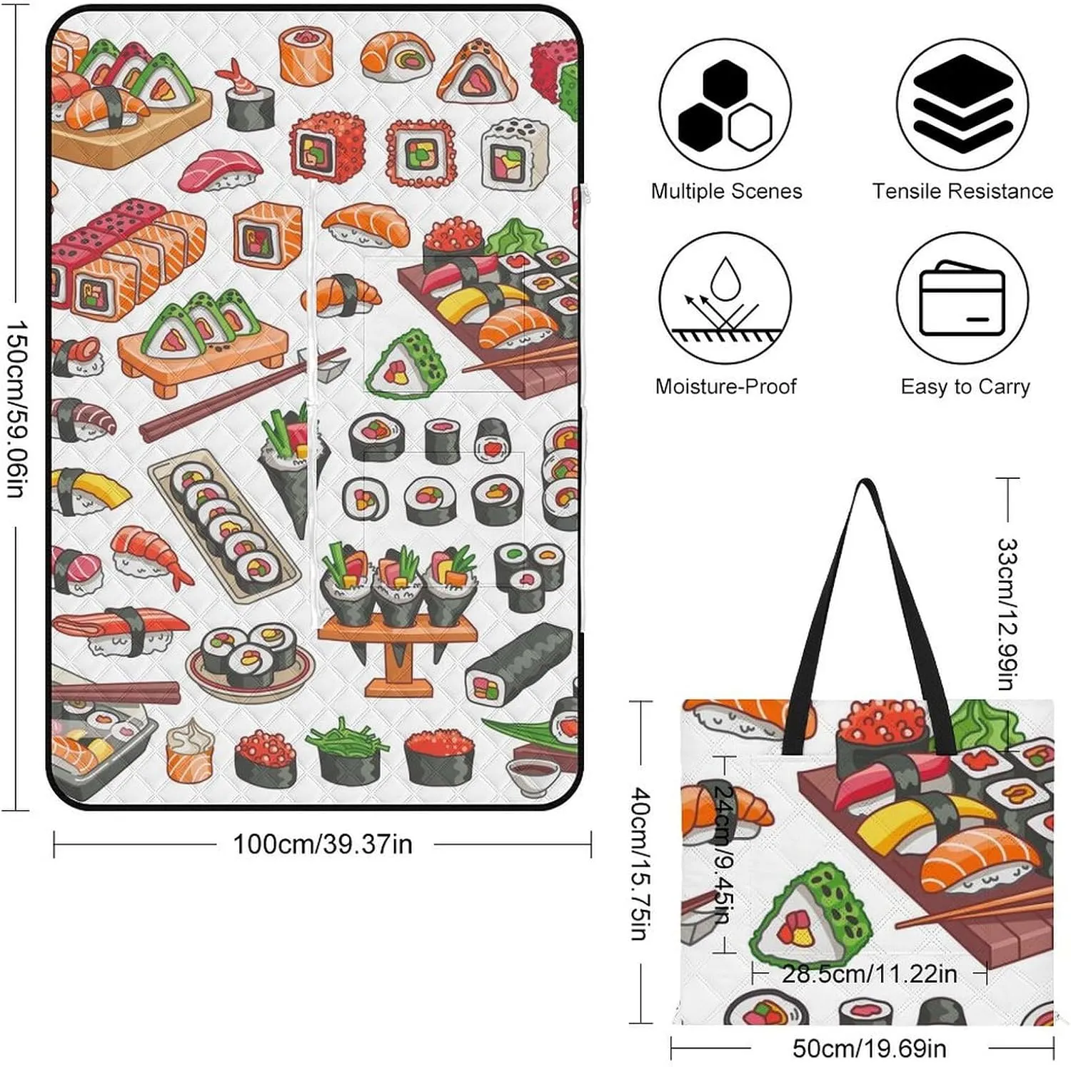 Food Picnic Blankets Set of 2 Large Sushi Patterns Camping Blanket Beach Mat Sand Free Foldable with Carry Strap,Camping Rugs for Outside Your Yv