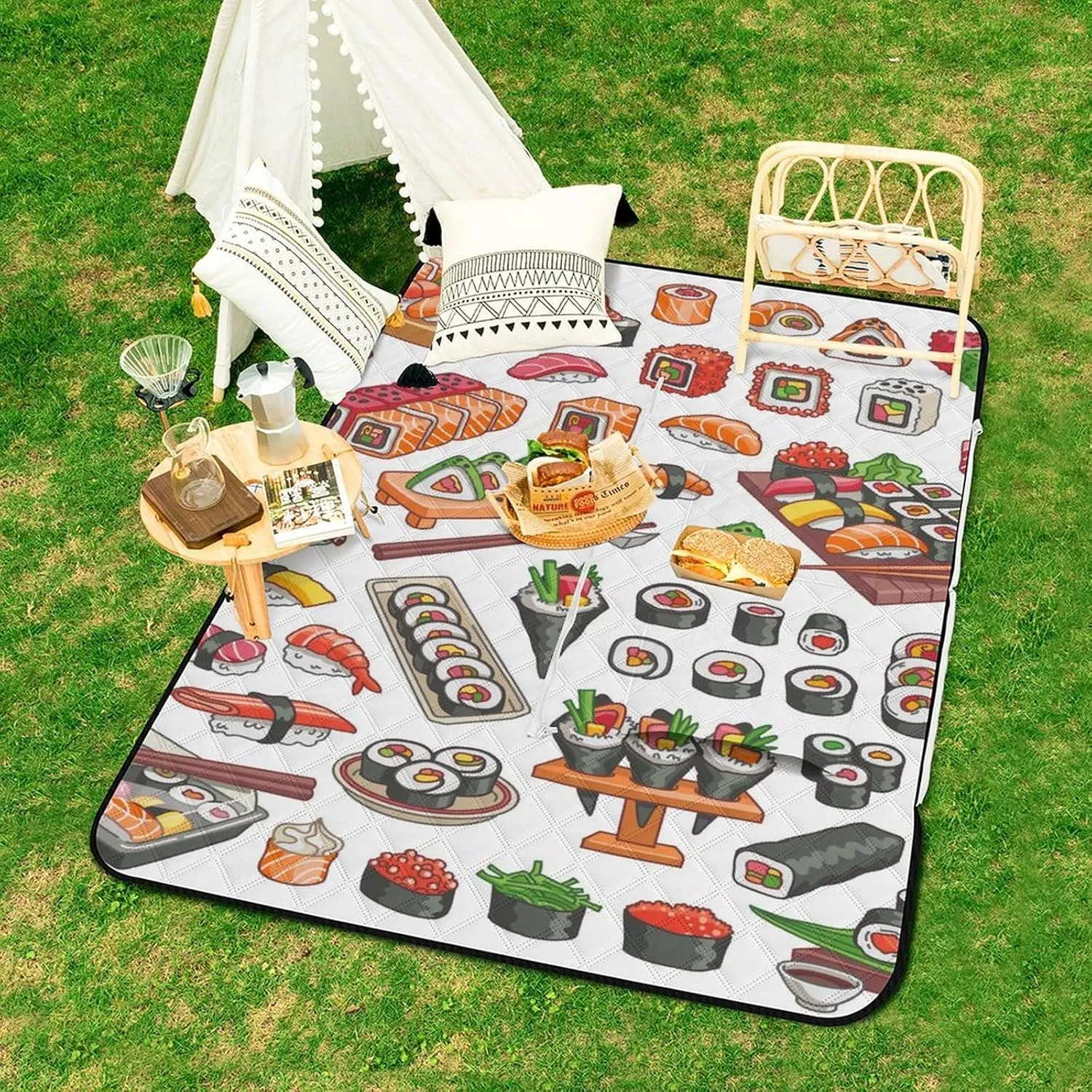 Food Picnic Blankets Set of 2 Large Sushi Patterns Camping Blanket Beach Mat Sand Free Foldable with Carry Strap,Camping Rugs for Outside Your Yv