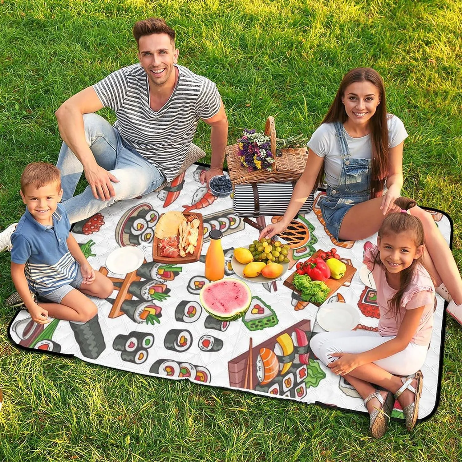 Food Picnic Blankets Set of 2 Large Sushi Patterns Camping Blanket Beach Mat Sand Free Foldable with Carry Strap,Camping Rugs for Outside Your Yv