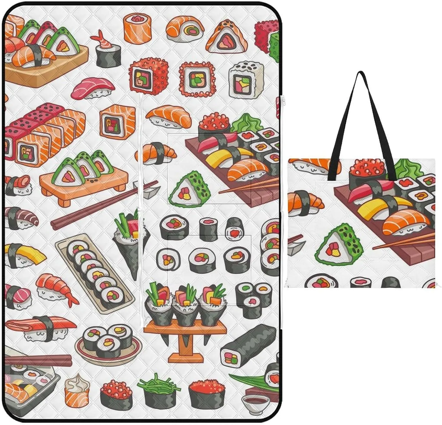 Food Picnic Blankets Set of 2 Large Sushi Patterns Camping Blanket Beach Mat Sand Free Foldable with Carry Strap,Camping Rugs for Outside Your Yv
