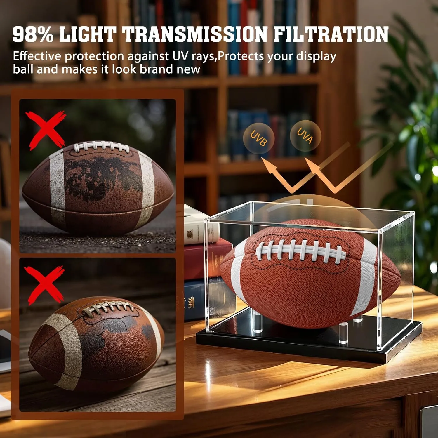 Football Display Case, Acrylic Football Case Display Clear, UV Protected Memorabilia Holder, Football Stand for Autographed, No Assembly Required