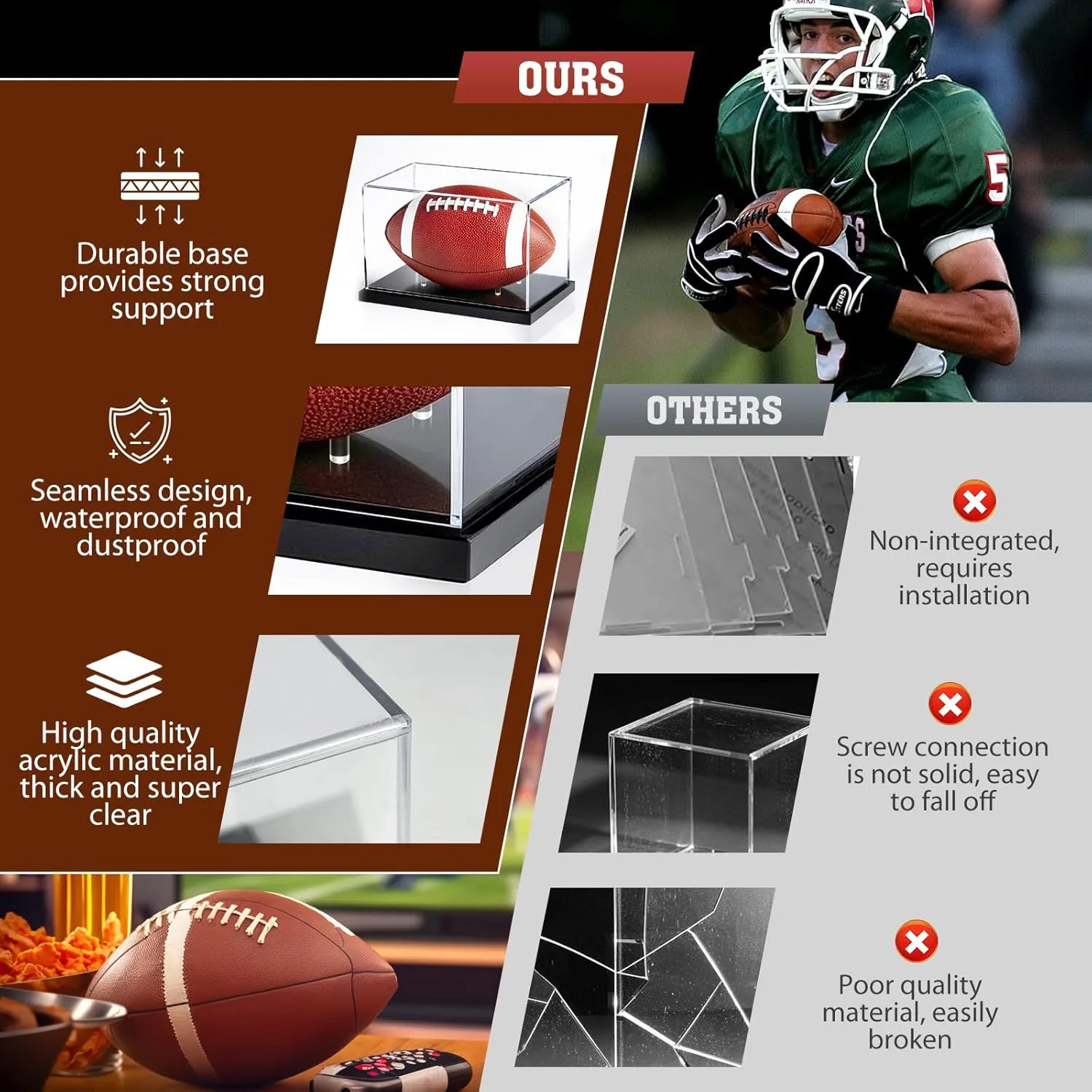 Football Display Case, Acrylic Football Case Display Clear, UV Protected Memorabilia Holder, Football Stand for Autographed, No Assembly Required