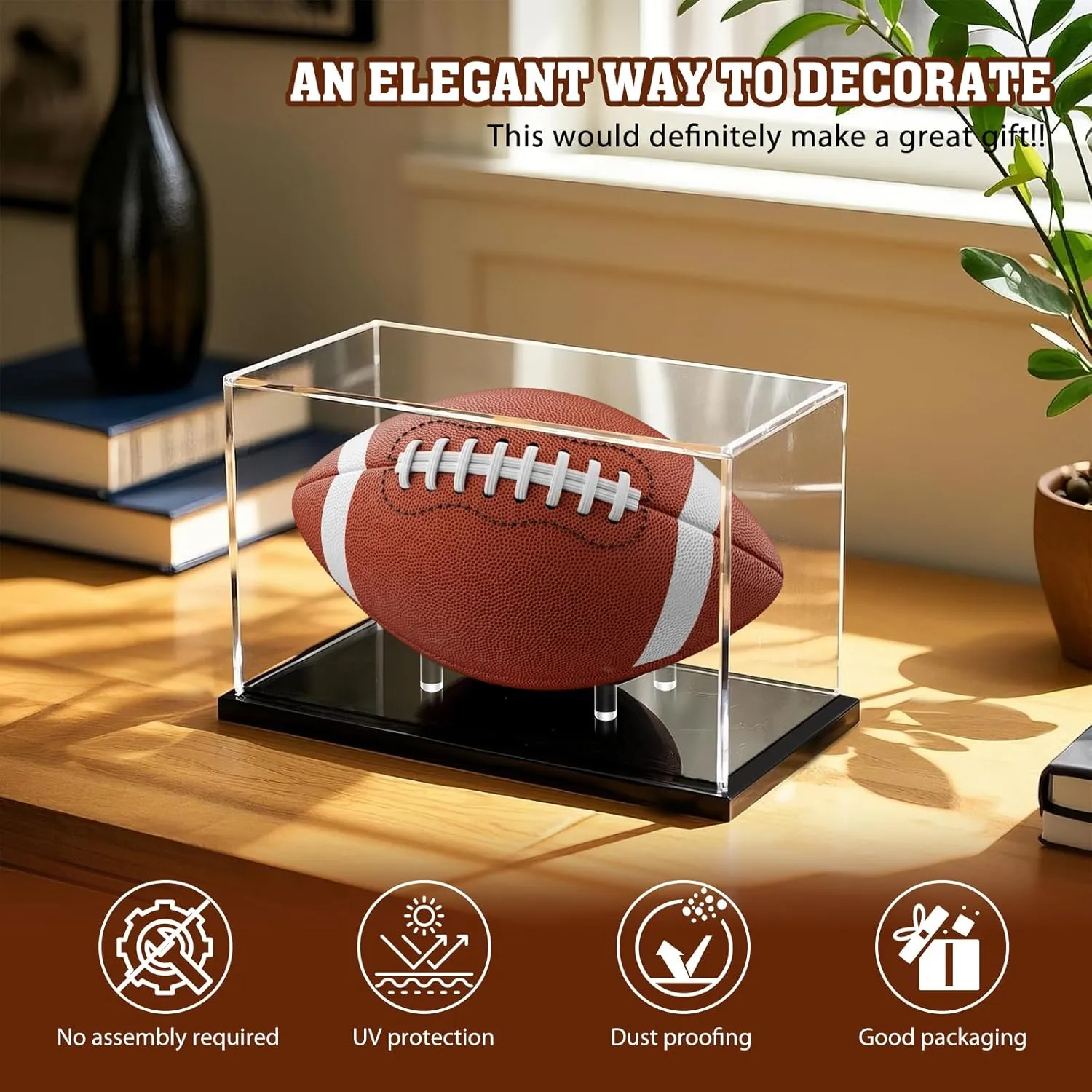 Football Display Case, Acrylic Football Case Display Clear, UV Protected Memorabilia Holder, Football Stand for Autographed, No Assembly Required