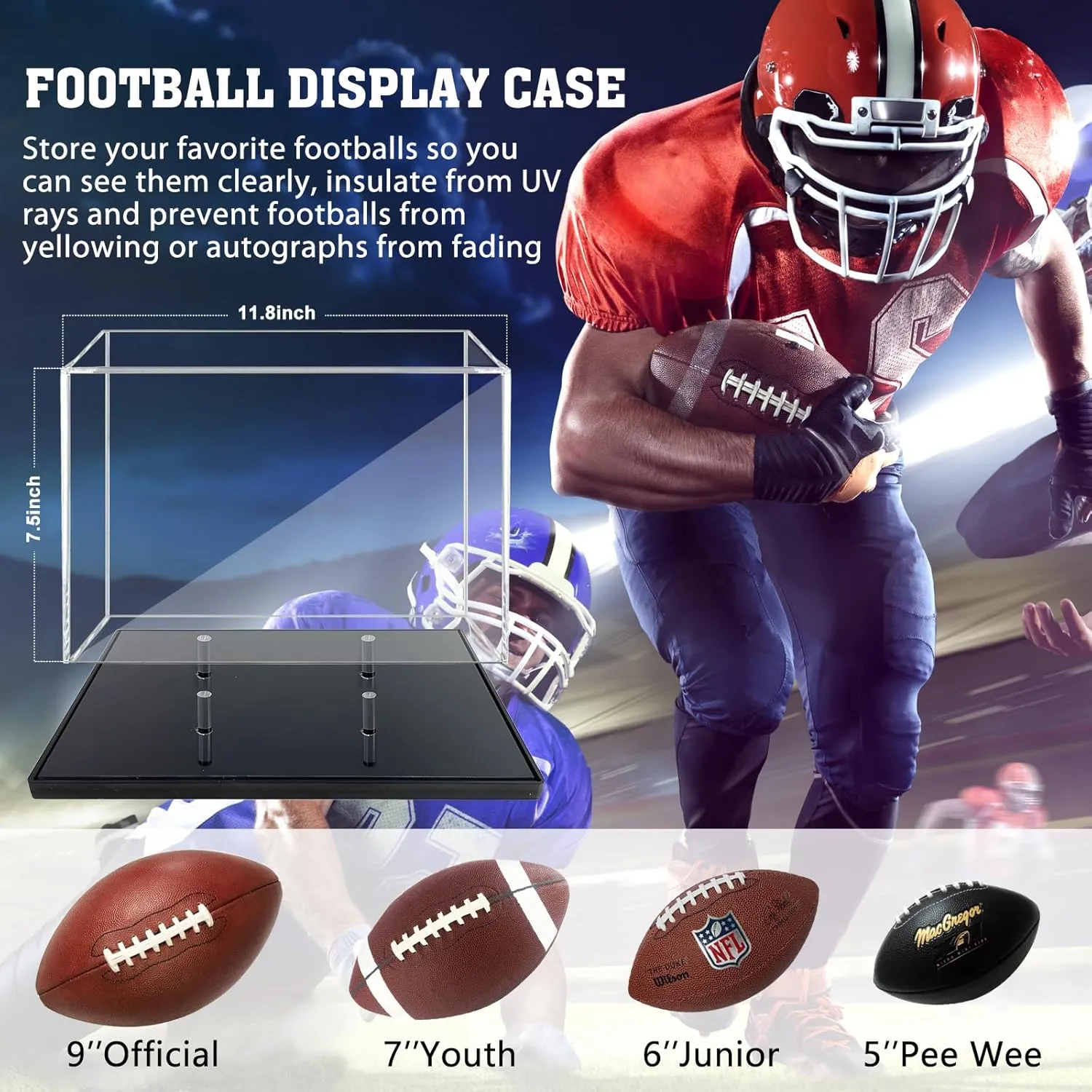 Football Display Case, Acrylic Football Case Display Clear, UV Protected Memorabilia Holder, Football Stand for Autographed, No Assembly Required