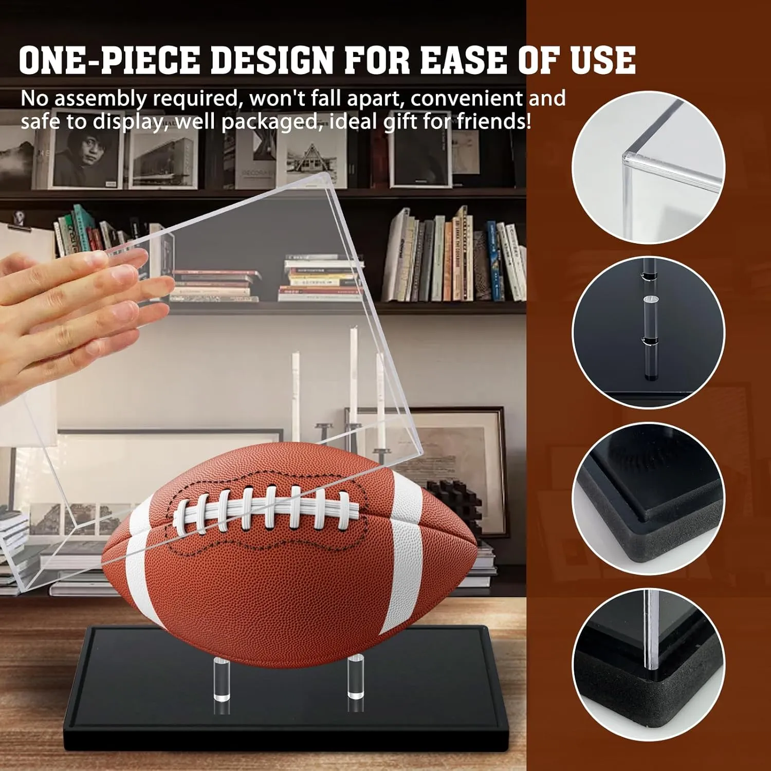 Football Display Case, Acrylic Football Case Display Clear, UV Protected Memorabilia Holder, Football Stand for Autographed, No Assembly Required