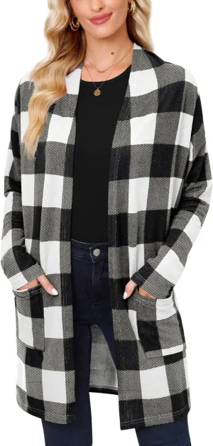 For G and PL Women's Christmas Red Buffalo Plaid Open Front Sweater Cardigan with Pockets