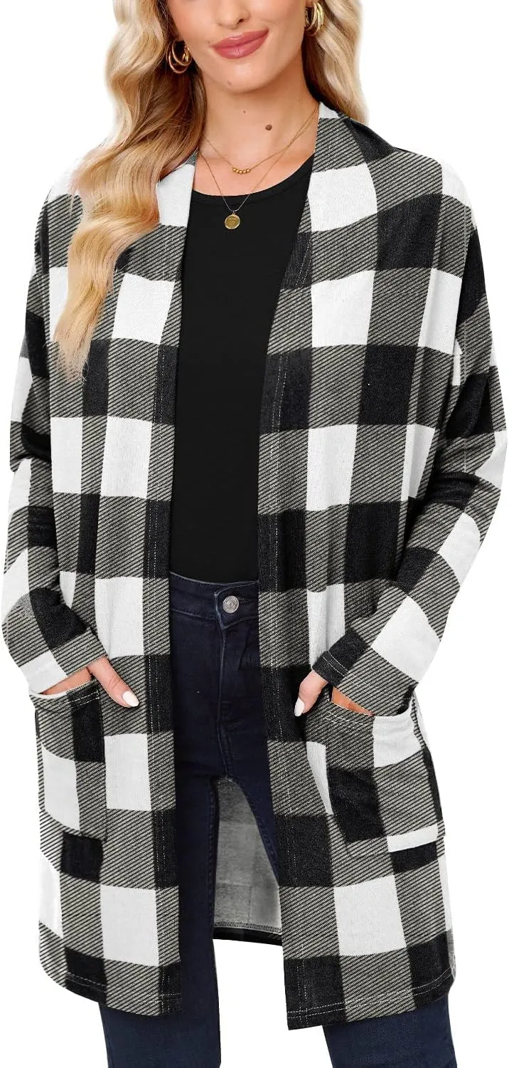 For G and PL Women's Christmas Red Buffalo Plaid Open Front Sweater Cardigan with Pockets