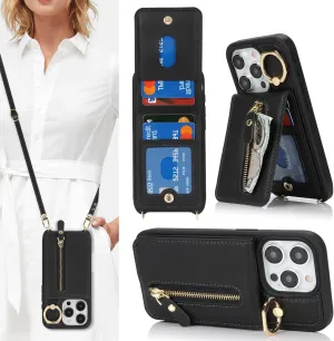 for iPhone 15 Pro Max Wallet Case with Card Holder, for iPhone 15 Pro Max Case Wallet with Strap Credit Card Slot, Crossbody Bag with Zipper Case for iPhone15 Pro Max - Black
