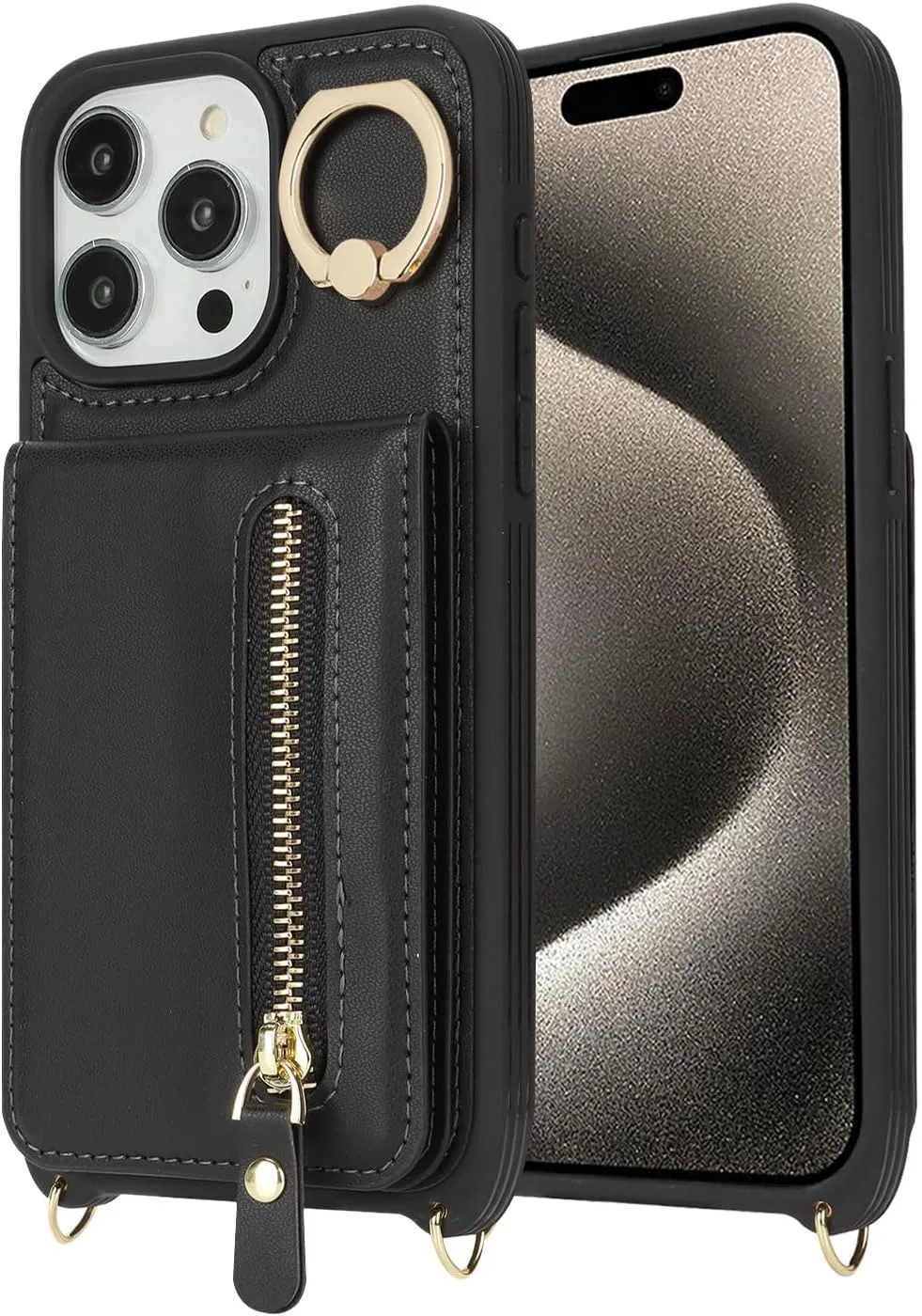 for iPhone 15 Pro Max Wallet Case with Card Holder, for iPhone 15 Pro Max Case Wallet with Strap Credit Card Slot, Crossbody Bag with Zipper Case for iPhone15 Pro Max - Black