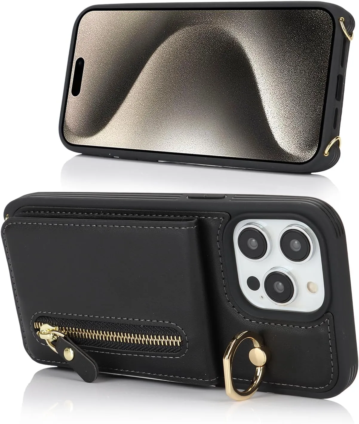 for iPhone 15 Pro Max Wallet Case with Card Holder, for iPhone 15 Pro Max Case Wallet with Strap Credit Card Slot, Crossbody Bag with Zipper Case for iPhone15 Pro Max - Black