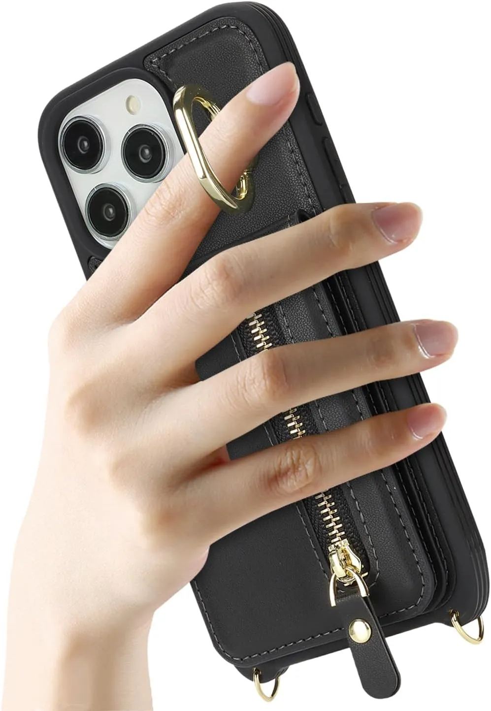 for iPhone 15 Pro Max Wallet Case with Card Holder, for iPhone 15 Pro Max Case Wallet with Strap Credit Card Slot, Crossbody Bag with Zipper Case for iPhone15 Pro Max - Black