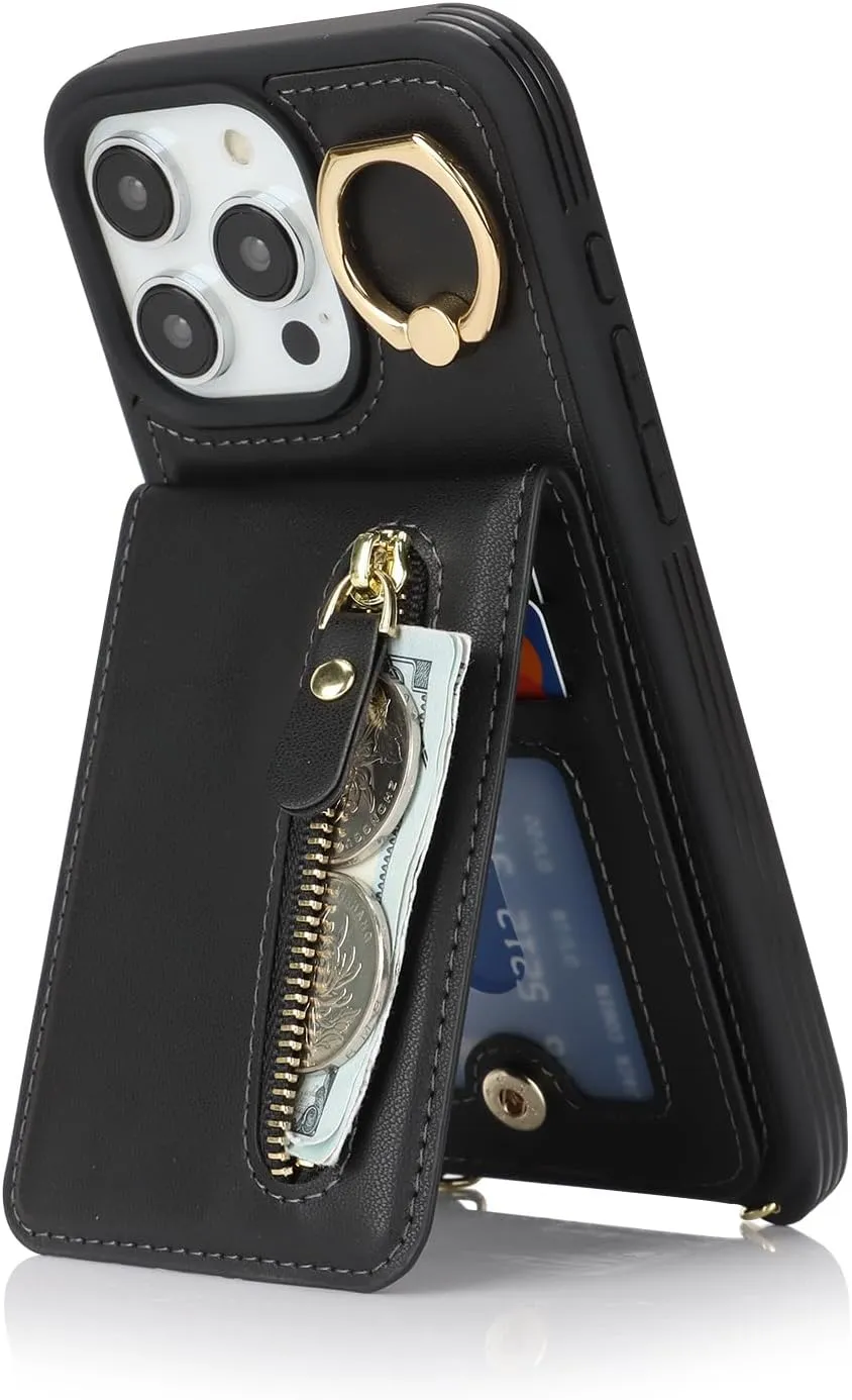 for iPhone 15 Pro Max Wallet Case with Card Holder, for iPhone 15 Pro Max Case Wallet with Strap Credit Card Slot, Crossbody Bag with Zipper Case for iPhone15 Pro Max - Black