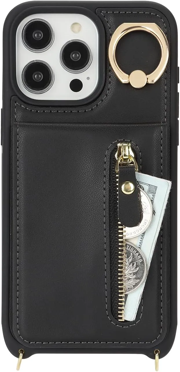 for iPhone 15 Pro Max Wallet Case with Card Holder, for iPhone 15 Pro Max Case Wallet with Strap Credit Card Slot, Crossbody Bag with Zipper Case for iPhone15 Pro Max - Black