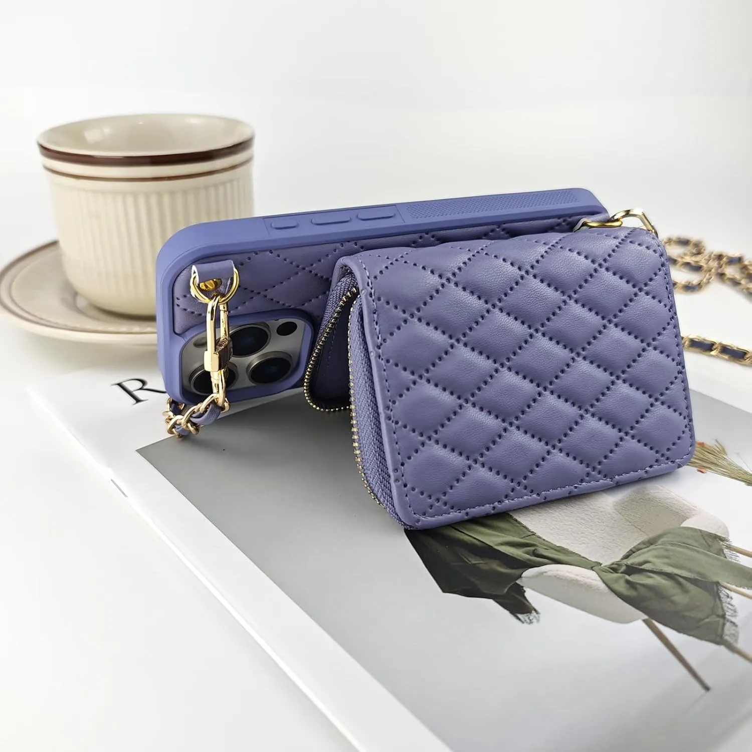 for iPhone 16 Pro Case Wallet for Women, Stylish Crossbody Wallet Case with Detachable Chain Strap&Card Slots Holder, Quilted PU Leather Kickstand Phone Cases for iPhone 16 Pro, 6.3” Purple