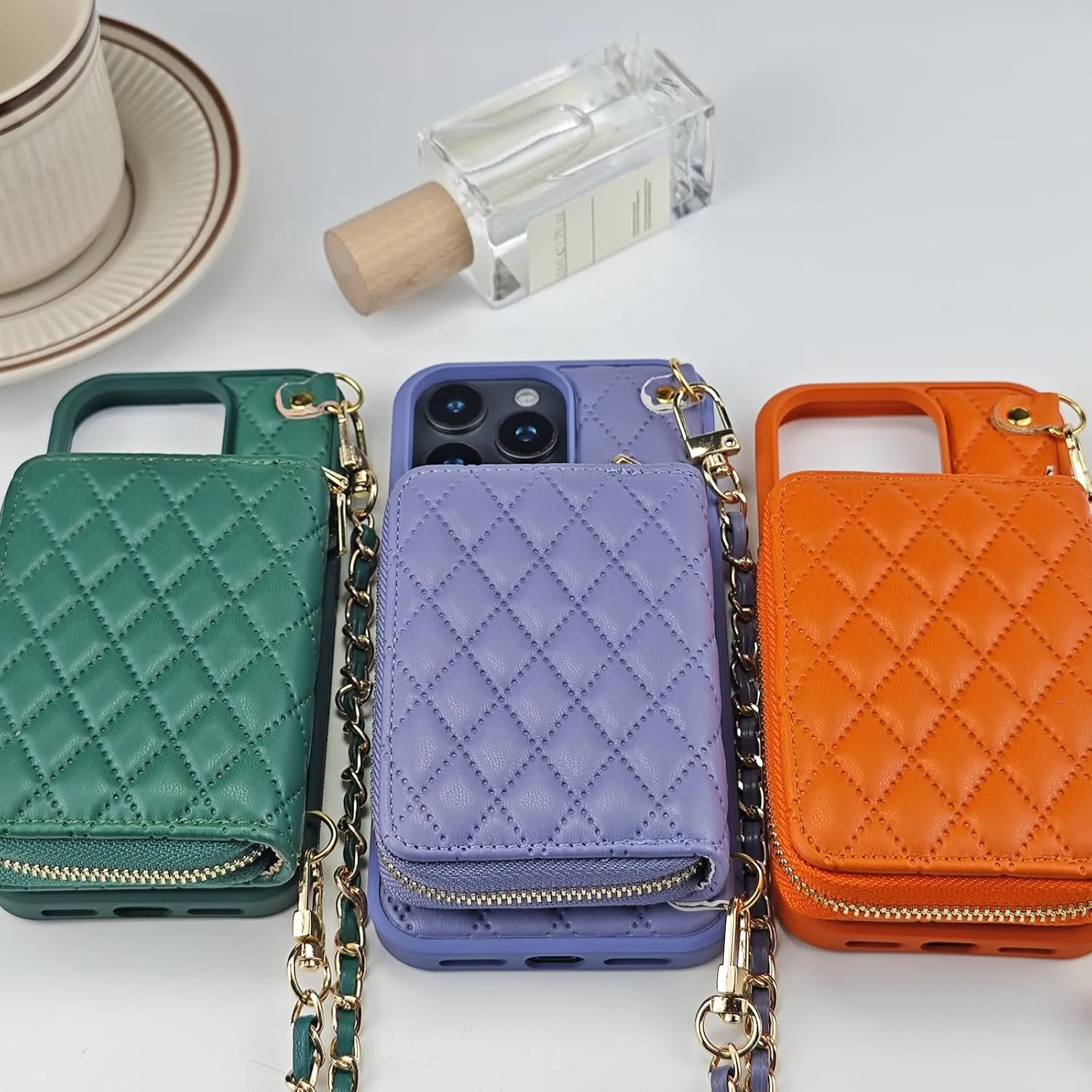 for iPhone 16 Pro Case Wallet for Women, Stylish Crossbody Wallet Case with Detachable Chain Strap&Card Slots Holder, Quilted PU Leather Kickstand Phone Cases for iPhone 16 Pro, 6.3” Purple