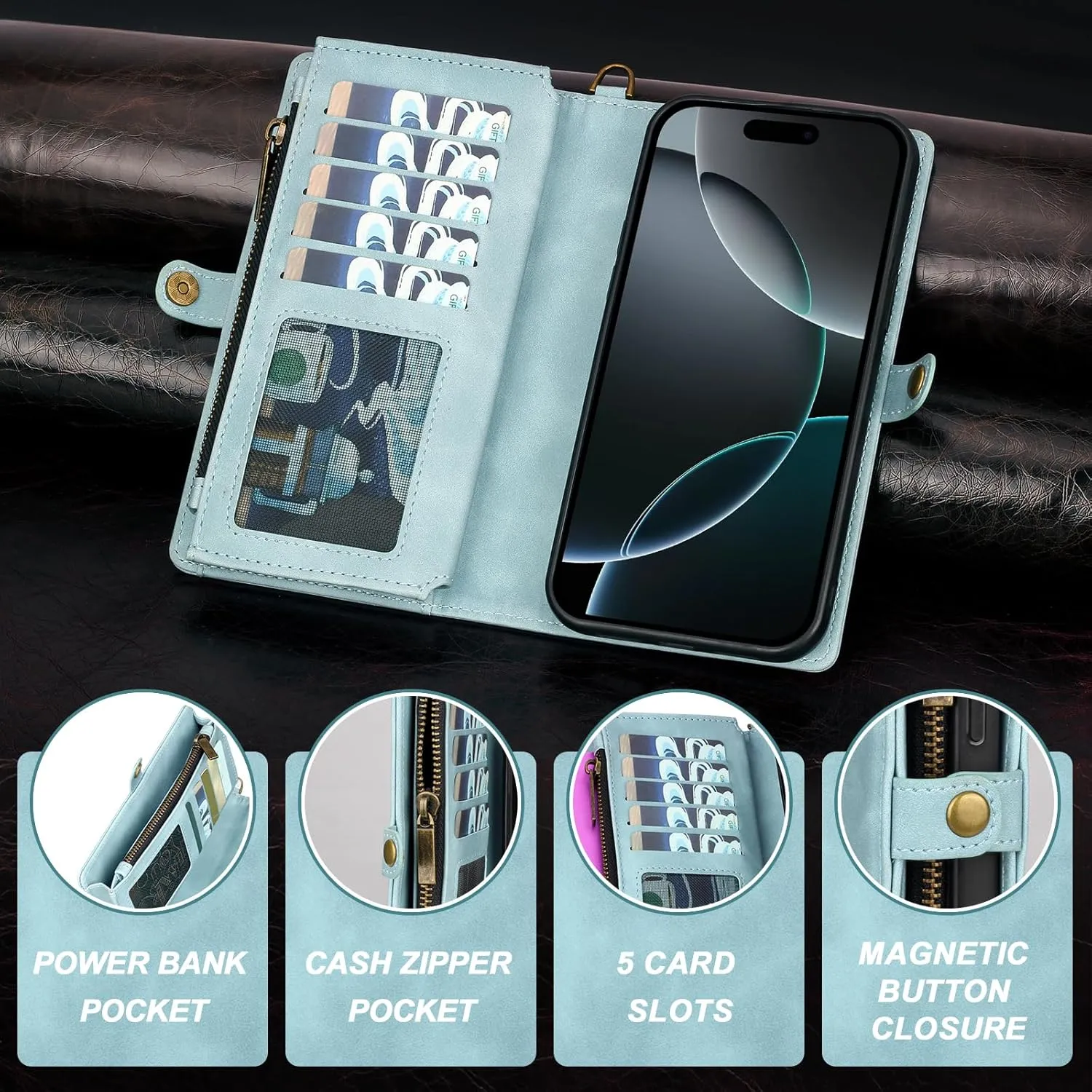 for iPhone 16 Pro Wallet Case,Fashionable Leather Wallet Handbag Phone Case,Stylish Crossbody Protection with Card Slots & Anti-Slip Design(Blue)