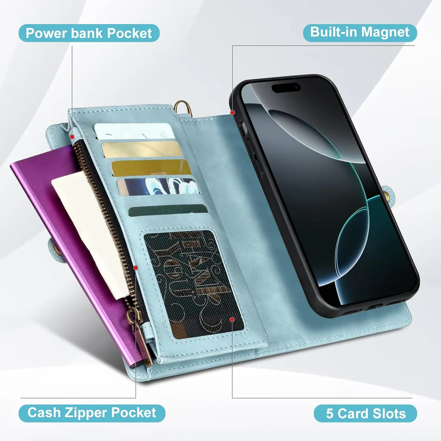 for iPhone 16 Pro Wallet Case,Fashionable Leather Wallet Handbag Phone Case,Stylish Crossbody Protection with Card Slots & Anti-Slip Design(Blue)