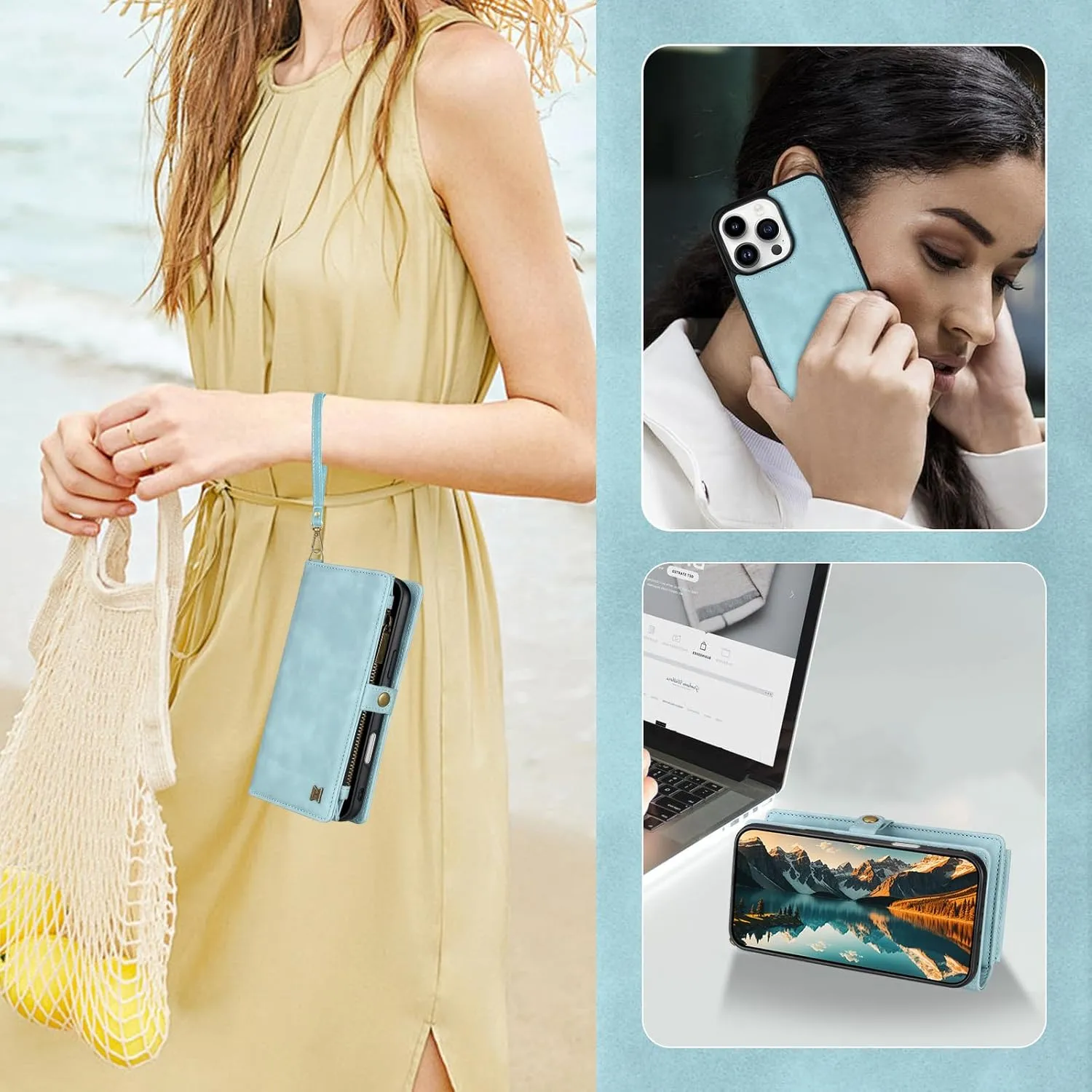 for iPhone 16 Pro Wallet Case,Fashionable Leather Wallet Handbag Phone Case,Stylish Crossbody Protection with Card Slots & Anti-Slip Design(Blue)