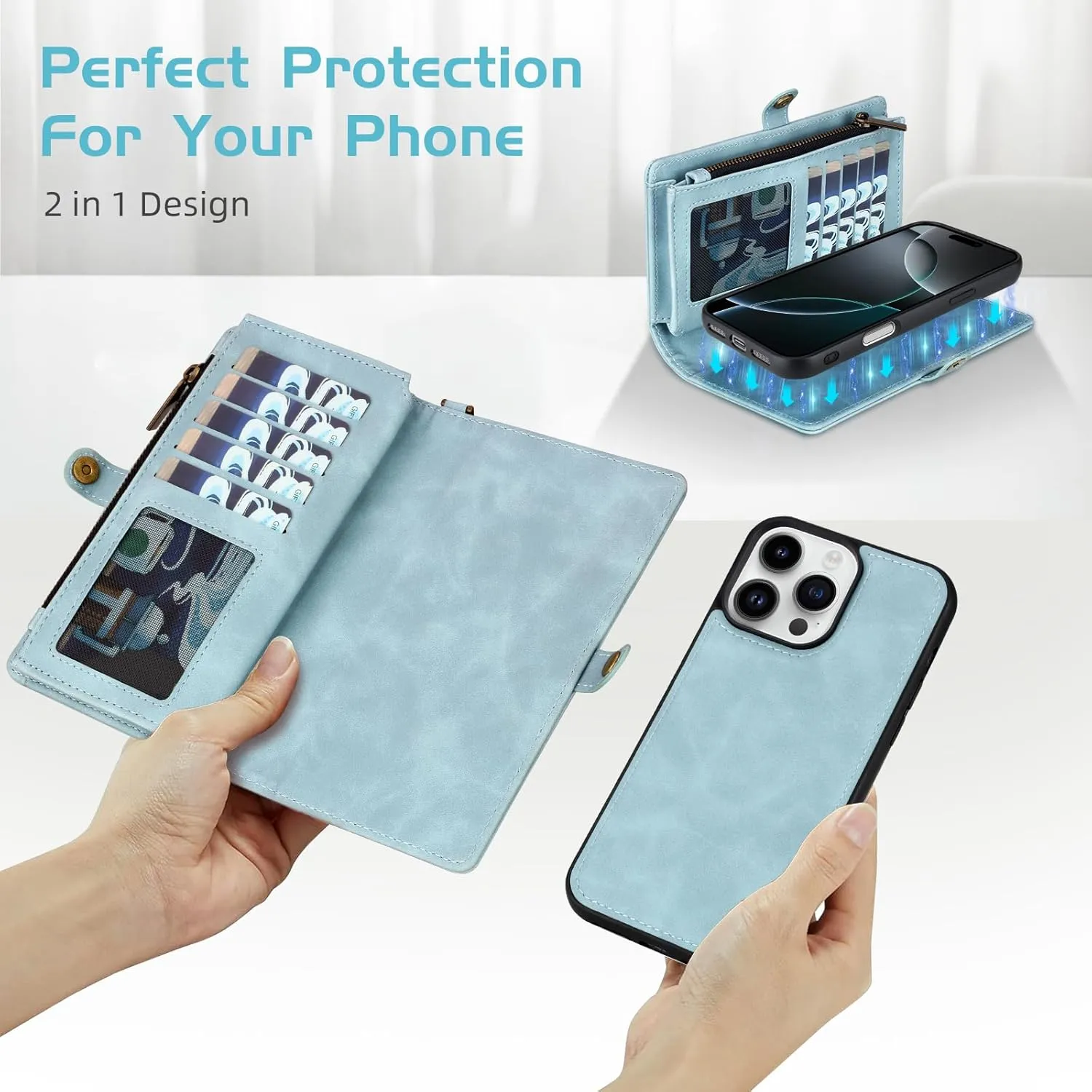 for iPhone 16 Pro Wallet Case,Fashionable Leather Wallet Handbag Phone Case,Stylish Crossbody Protection with Card Slots & Anti-Slip Design(Blue)