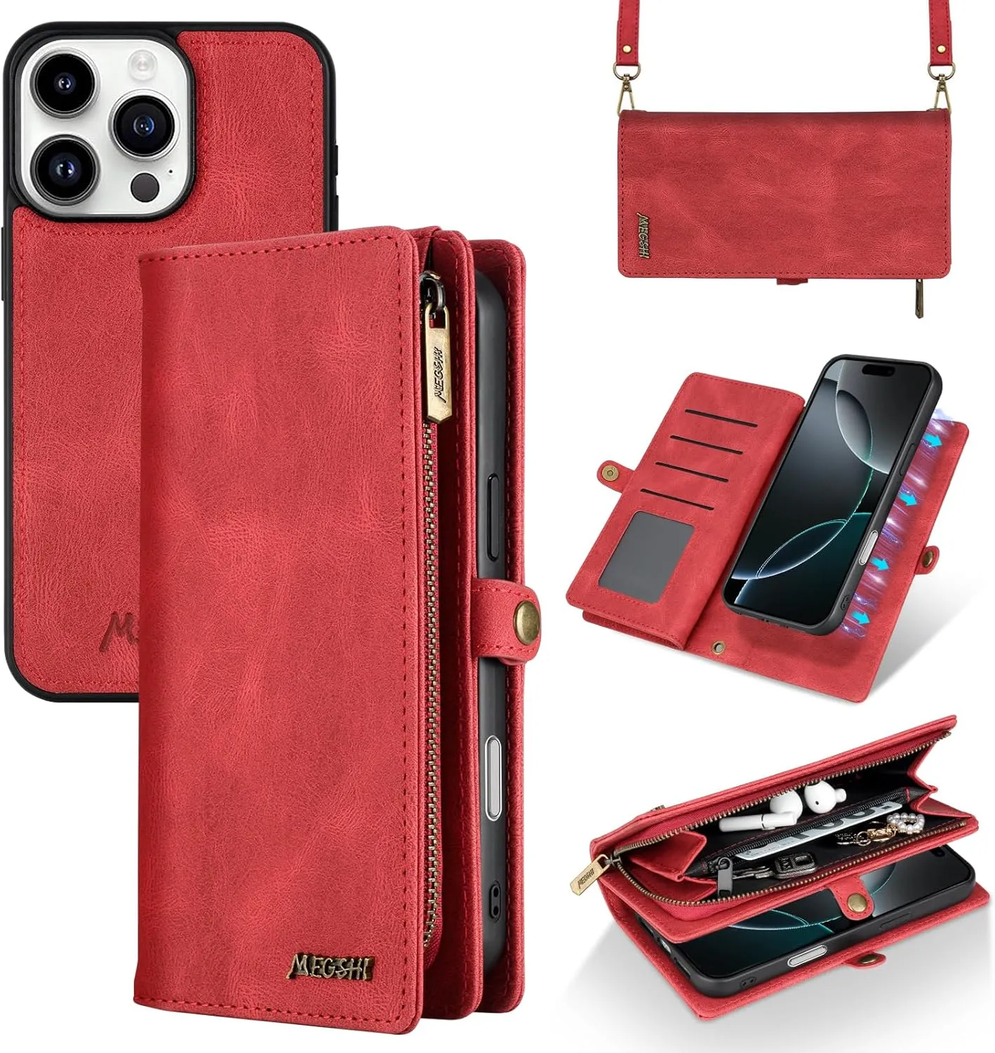 for iPhone 16 Pro Wallet Case,Fashionable Leather Wallet Handbag Phone Case,Stylish Crossbody Protection with Card Slots & Anti-Slip Design(Red)