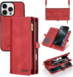 for iPhone 16 Pro Wallet Case,Fashionable Leather Wallet Handbag Phone Case,Stylish Crossbody Protection with Card Slots & Anti-Slip Design(Red)