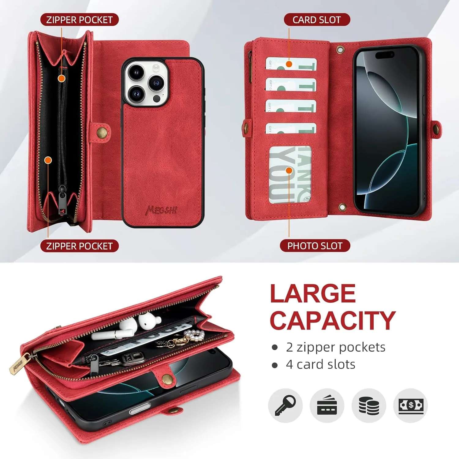 for iPhone 16 Pro Wallet Case,Fashionable Leather Wallet Handbag Phone Case,Stylish Crossbody Protection with Card Slots & Anti-Slip Design(Red)