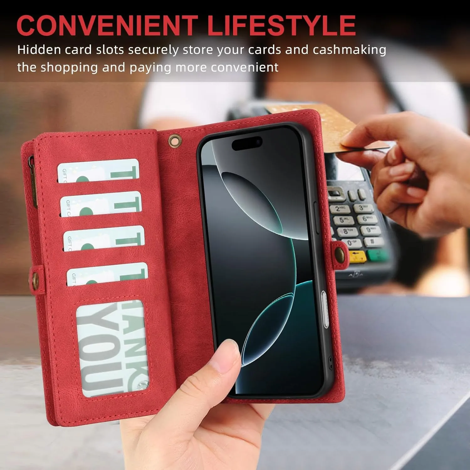 for iPhone 16 Pro Wallet Case,Fashionable Leather Wallet Handbag Phone Case,Stylish Crossbody Protection with Card Slots & Anti-Slip Design(Red)