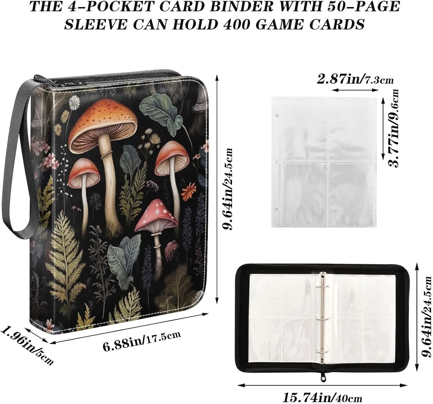 Forest Mushroom Card Binder 4 Pocket Trading Card Album Fits 400 Sports/Game Cards, PU Cover 3 Ring Card Collection with 50 Removable Sleeves